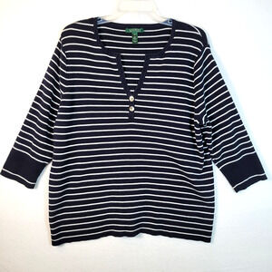 Lauren Ralph Lauren Womens Striped 3/4 Sleeve Sweater Top Size 2X Blue Ribbed